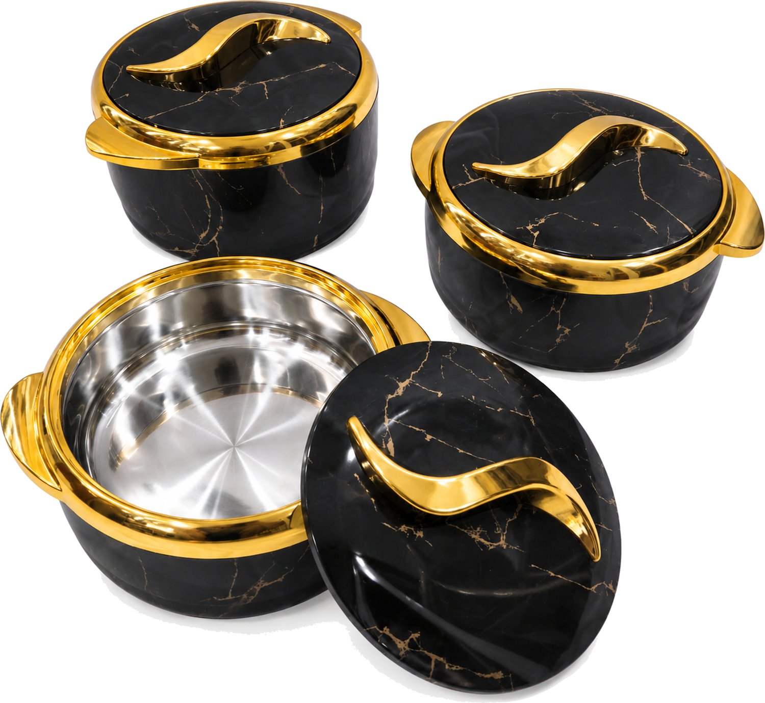 Lunchboxset met 3 ronde kommen en deksels, 1,5/2/2,5 l, zwart met goudkleurige details
