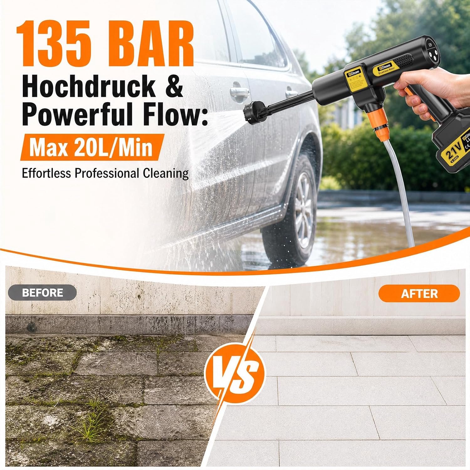 Laura Homestore Accu Hogedrukreiniger - 3000W Borstelloze Motor - 135 Bar - 20 L/min - Inclusief 2x 4.0Ah Accu’s & 6-in-1 Sproeier - Draadloze Drukreiniger & Schuimsproeier voor Auto, Terras en Tuin
