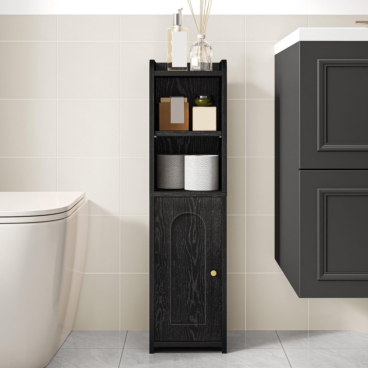 Badkamerkast, toiletkast met deuren, badkast, smal badplank, verstelbare planken, ruimtebesparend, voor badkamer, woonkamer, ‎20 x 20 x 75 cm, Zwart BC19704X