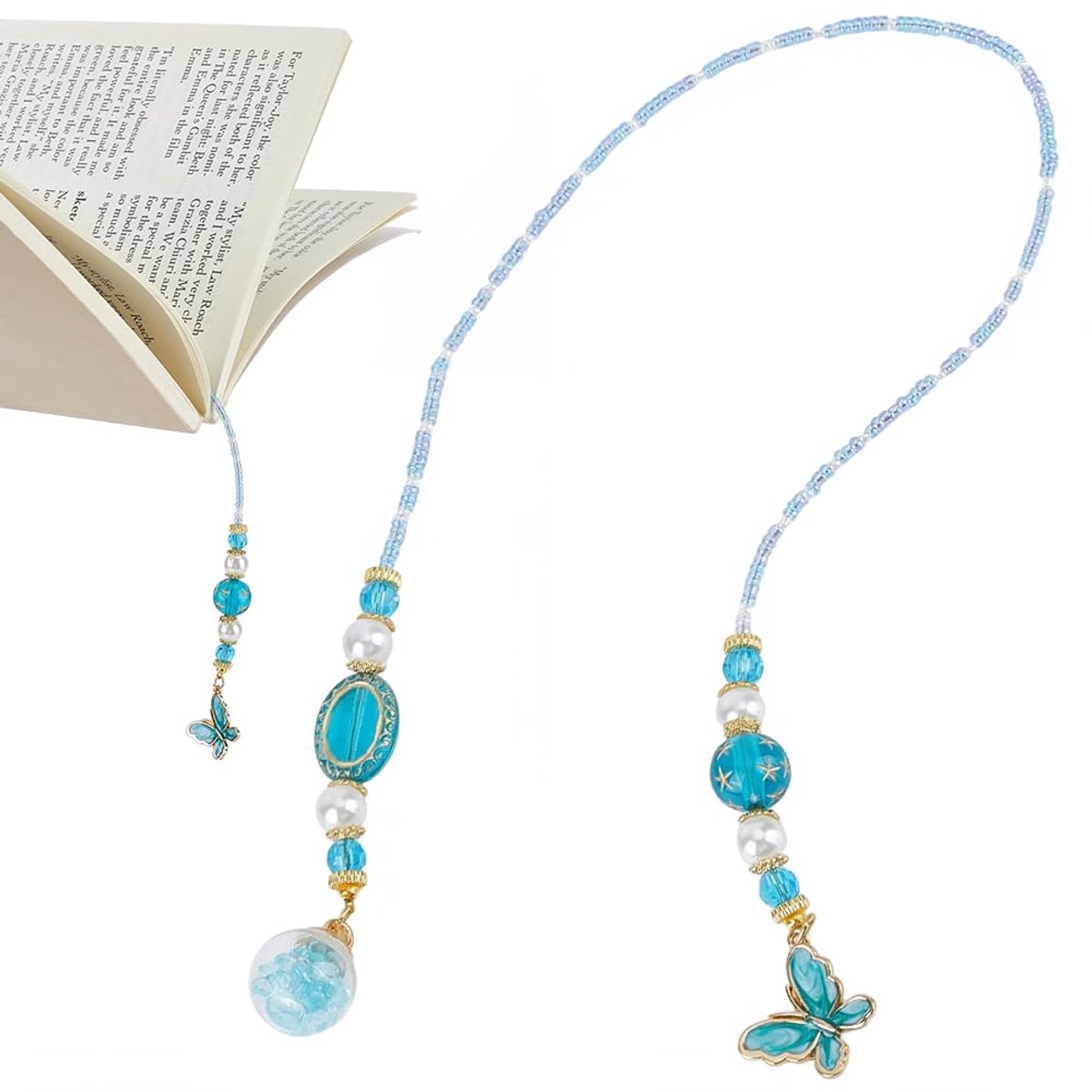 Bladwijzer met blauwe vlinder met parels, kristallen ketting, hanger met vlinder-esthetiek, glazen kralenketting, bladwijzer voor boekenliefhebbers