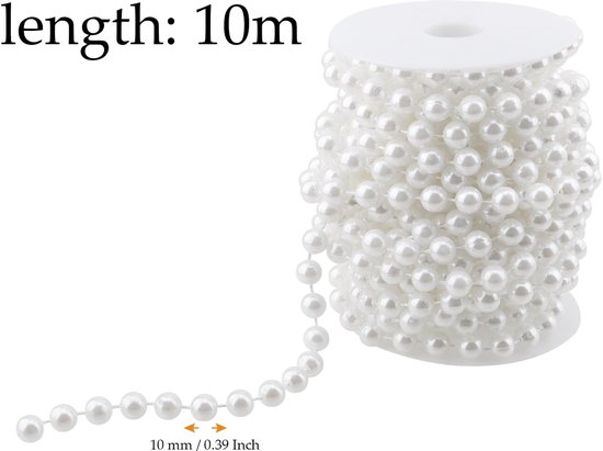 Set van 2 stuks, 10 m x 10 mm, witte parelslinger, parelketting, decoratieve kralen, rol voor bruiloft en feestdecoratie, verjaardag, doop, tafel, decoratie, doe-het-zelf handwerk — afbeelding 5