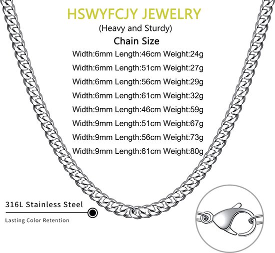 Kettingen Ketting 6MM/9MM Cubaanse Ketting Mens Zilveren Curb Chain Kettingen Stevige Rvs Cubaanse Link Ketting Ketting Lengte 45/50/55/60 CM — afbeelding 4