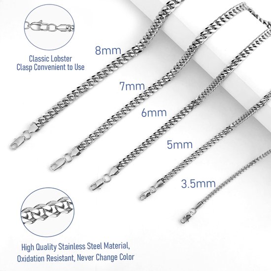 2 stuks Cubaanse ketting armband set voor mannen, 3,5/5/6/7/8 mm brede mannenarmband, 316L roestvrij staal, Cubaanse schakels, voor jongens, hiphop, lengte 46/51/56/61/66 cm — afbeelding 3