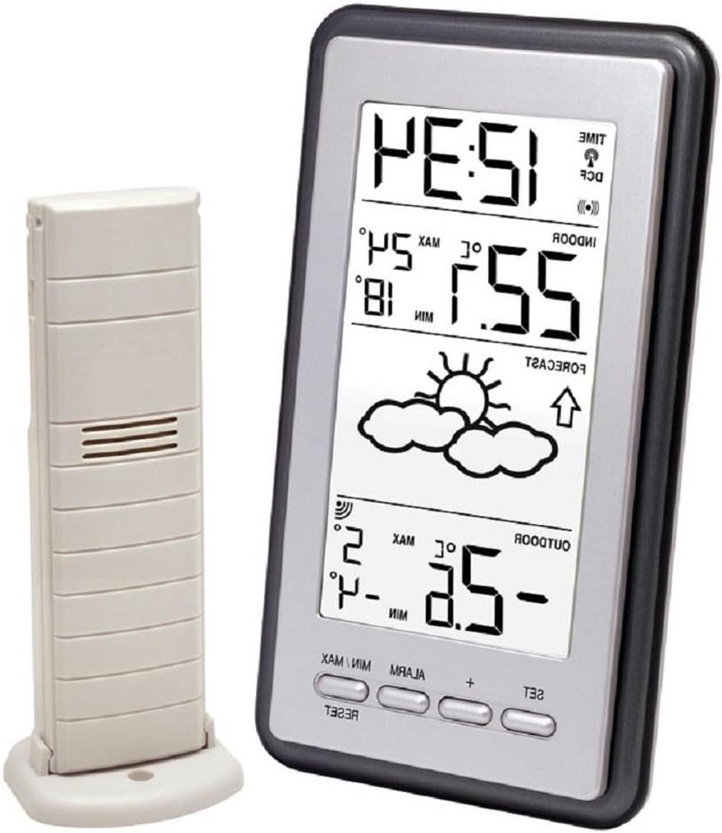 Weerstation Binnen Buiten - Weerdisplay Temperatuur - Weersvoorspelling Zien - Radio gestuurde tijd - 100m Bereik - Zilver