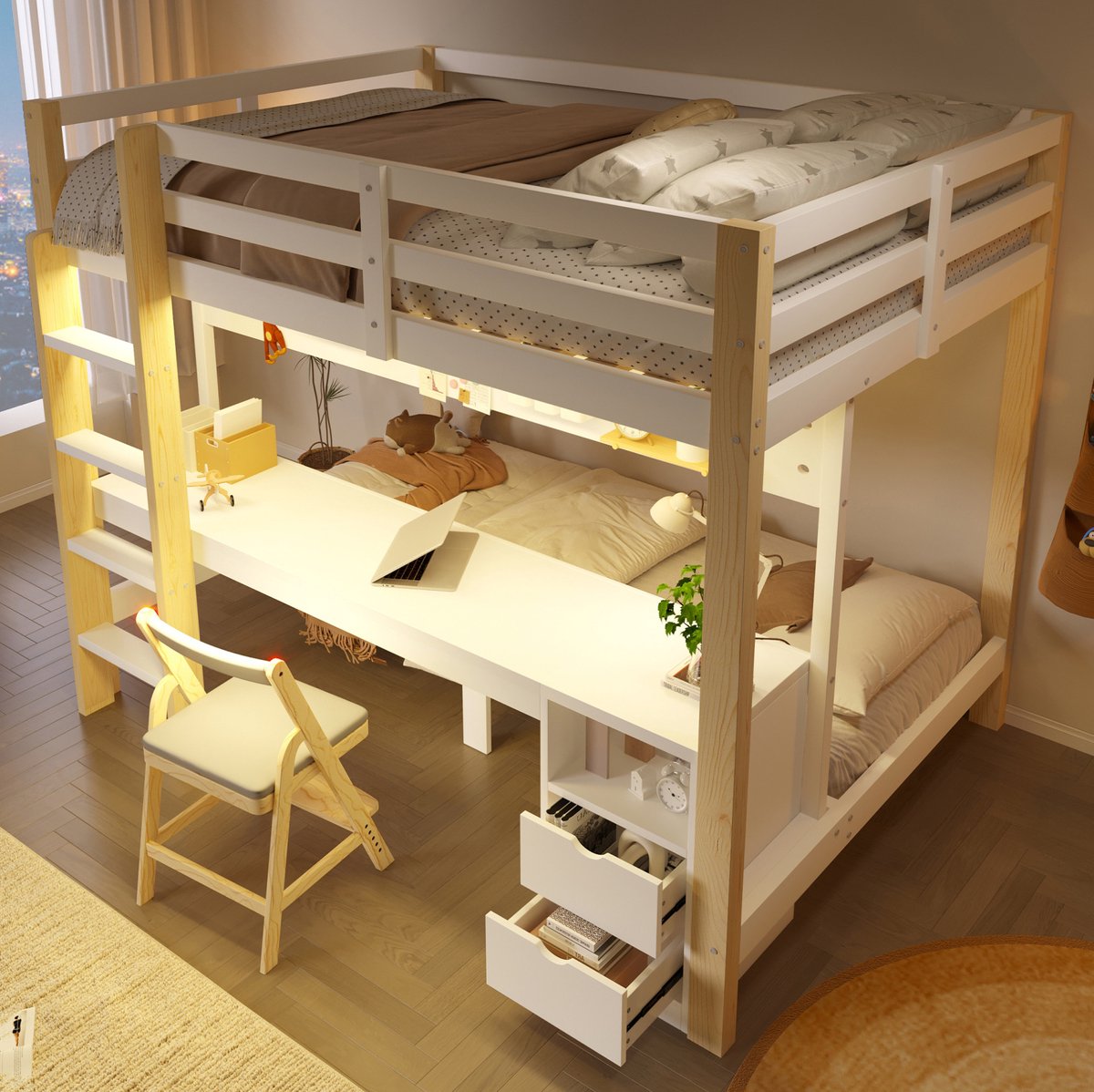 MIVRAY Hoogslaper 140x200 cm en 90x200 cm - Bed Met Bureau, Lades en Hangpaneel - Met LED-Verlichting - Zonder Matras - Hout MDF Metaal - Wit Naturel