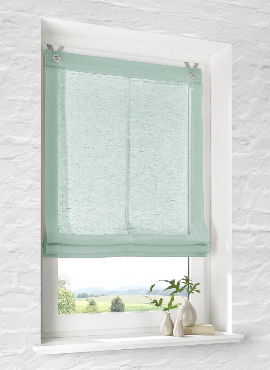 gordijn met ringen, brondy groen, semi-transparant, linnenlook, vouwgordijn met haak om op te hangen, zonder boren, breedte 60 cm x hoogte 140 cm