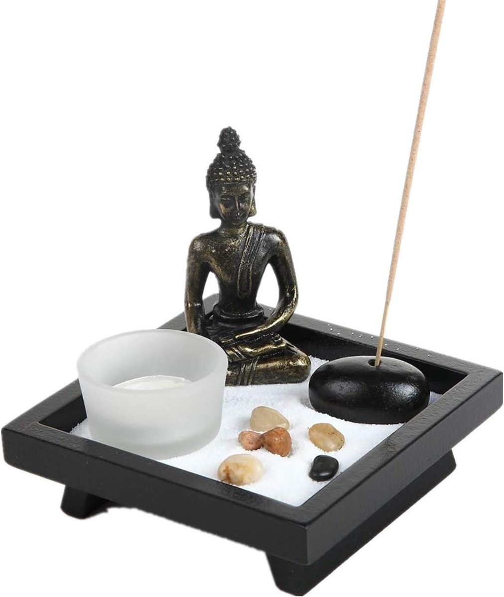 kaarsenhouder-cadeauset met Boeddha-beeld - met natuursteen - met wierookstokjeshouder, Sitting Buddha HD38