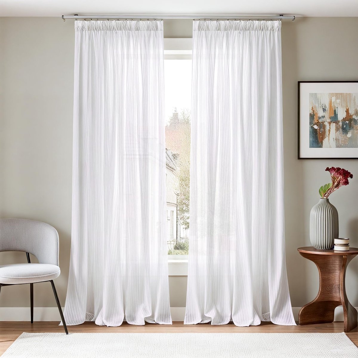 Witte gordijnen, set van 2, H 245 x B 140 (cm) met plooiband, voile strepen, vitrage, gordijnen voor woonkamer, slaapkamer, raam, transparant, boerderij, landhuisstijl, gordijnen