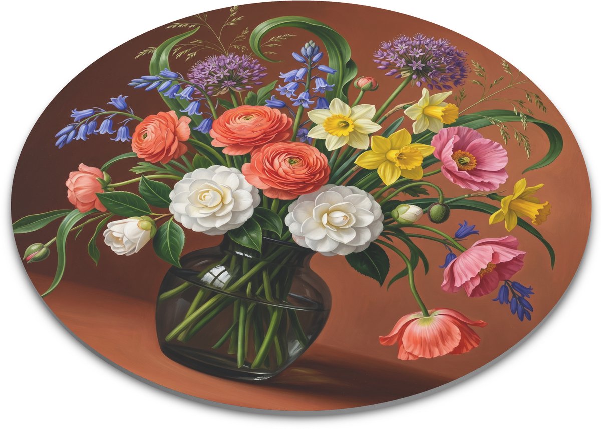 Ronde muismat met vintage botanisch boeket van koraalrode ranonkels witte camelia's gele narcissen en roze klaprozen in donker glazen vaas sfeervolle olieverf stijl bloemen illustratie voor een kleurrijk bureau