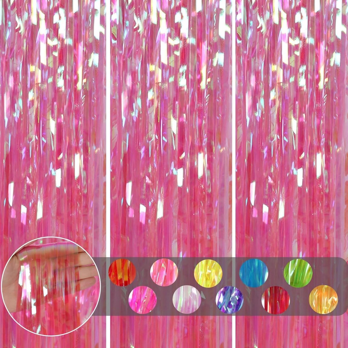 3 stuks klatergoud holografisch roze glitter folie deurgordijn, 1 x 2 m iriserende folie franje streamer glinsterende achtergrond decoraties voor meisjes verjaardag eenhoorn feest