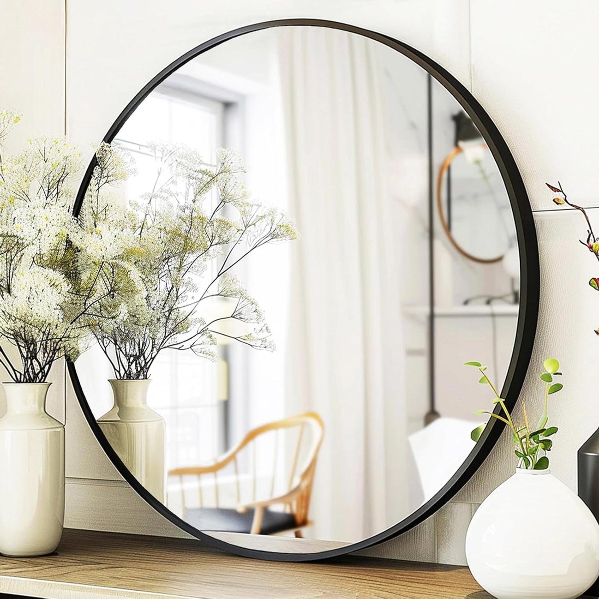Ronde Zwarte Spiegel 61 cm - Muurspiegel Met Metaal Geven Voor Badkamer, Woonkamer, En Ent