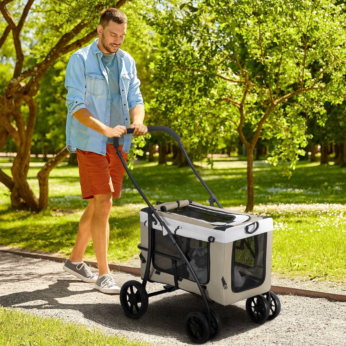 MEUNIQ Opvouwbare dierenbuggy voor hond en kat 81 x 58 x 97,5 cm met afneembare draagtas, 4 wielen met remmen, veiligheidslijnen en opbergtas, lichtbruin