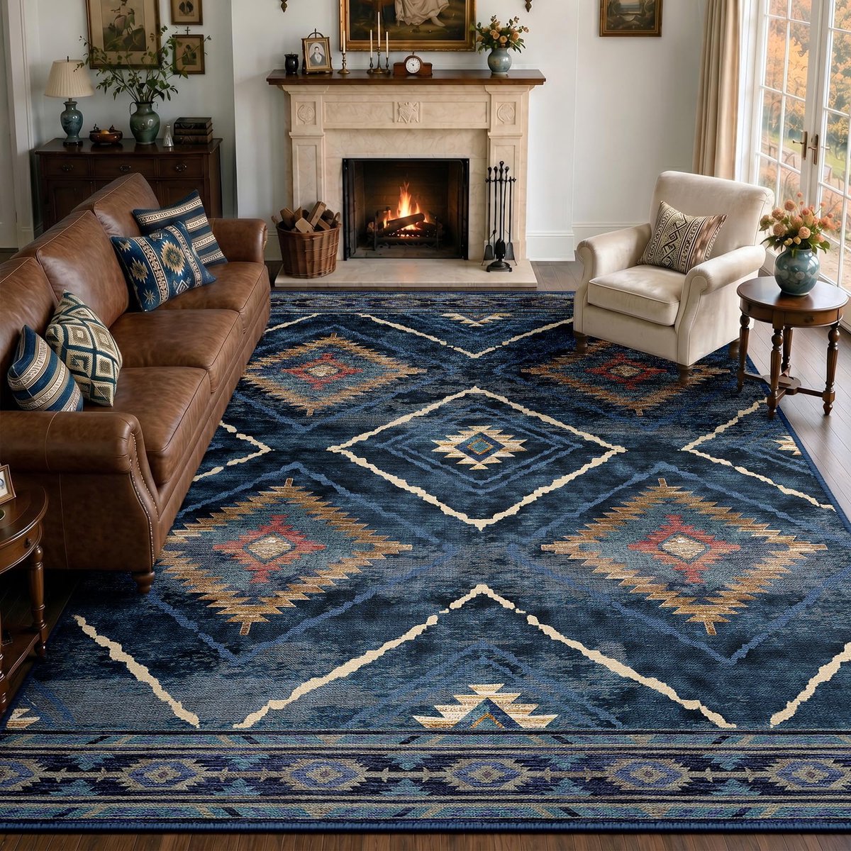 Vloerkleed voor de woonkamer, 240 x 300 cm, wasbaar, laagpolig tapijt, antislip, vintage & boho-stijl, onderhoudsvriendelijk, voor hal, woonkamer, slaapkamer en eetkamer, donkerblauw