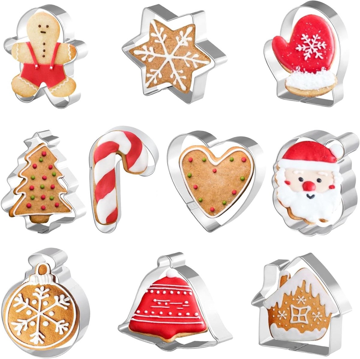 Koekjessnijders 10 stuks - Kerstvormpjes - Bakken versieren - Roestvrij staal - 10 vormen - Zilver