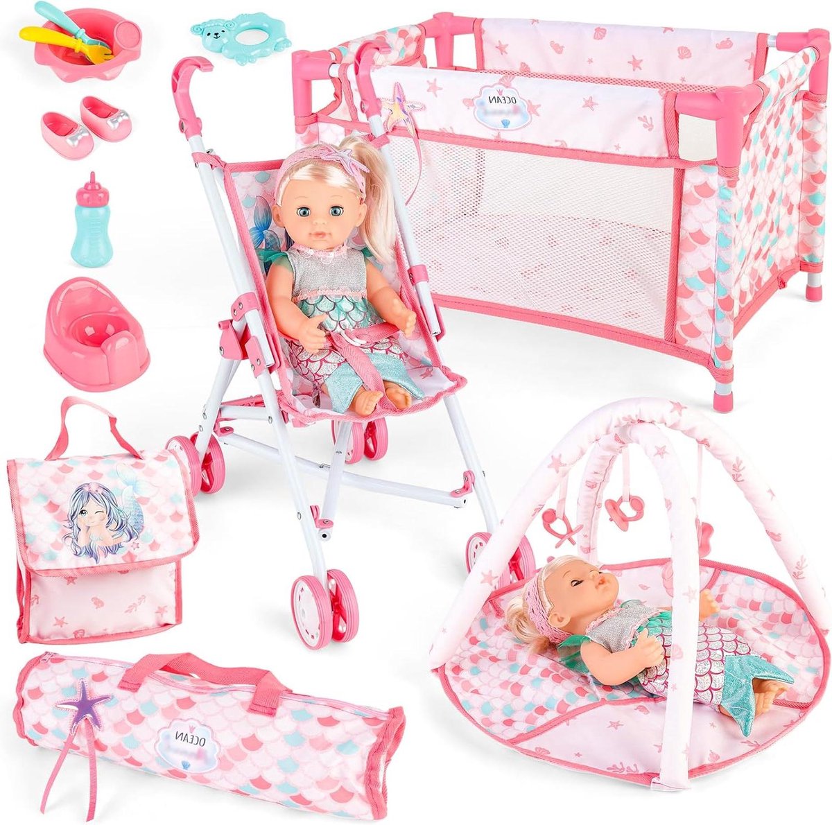 Poppenhuis Speelset - Babypop Accessoires - Rollenspel Spelen - Ocean Thema - 33 x 19 x 44 cm - Multicolor