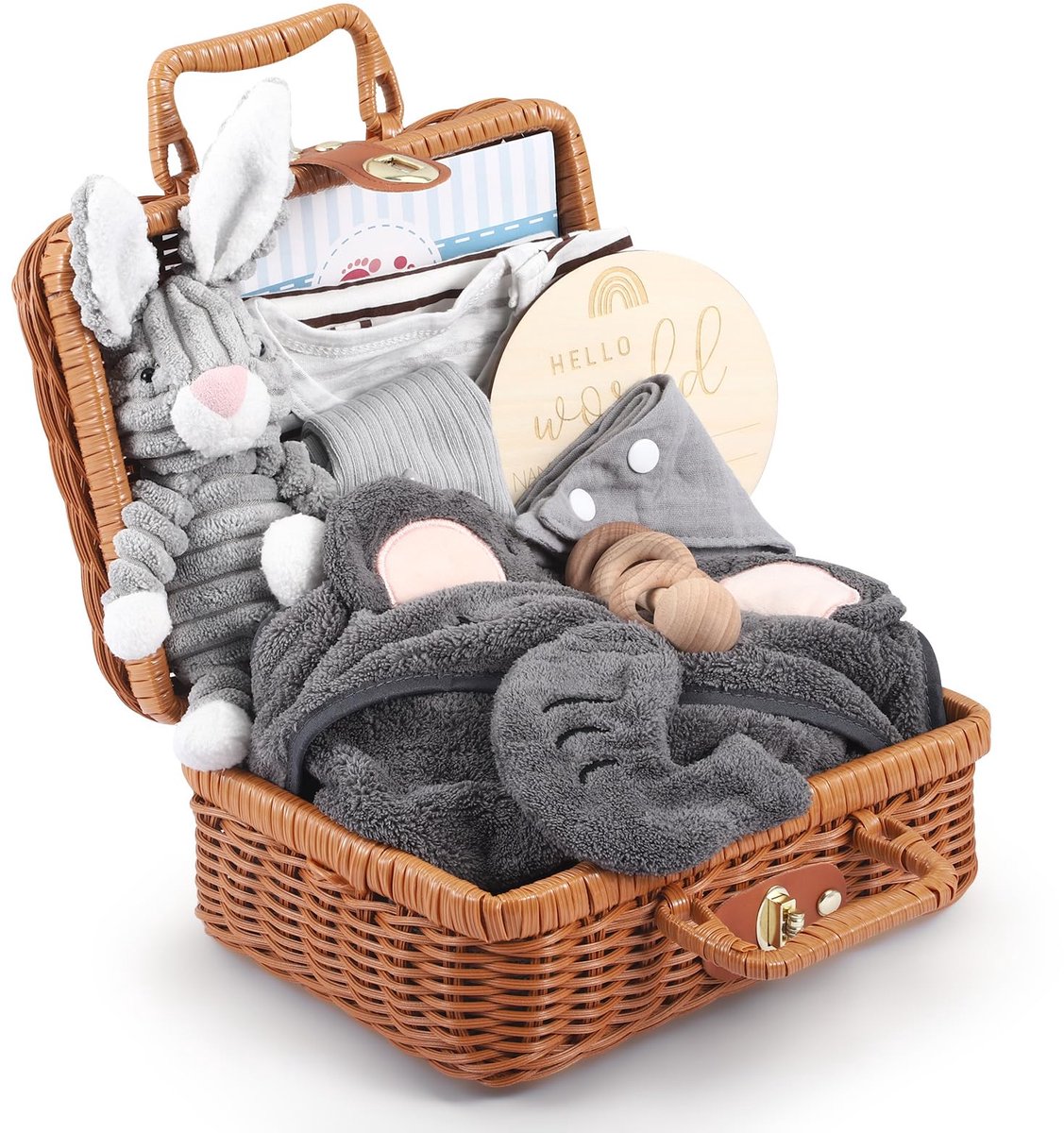 baby cadeauset neutraal - 9-delige pasgeborenen set met grijze konijn pluche dier en houten rammelaar - geboortecadeau in bamboe doos voor jongens meisjes babyfeest
