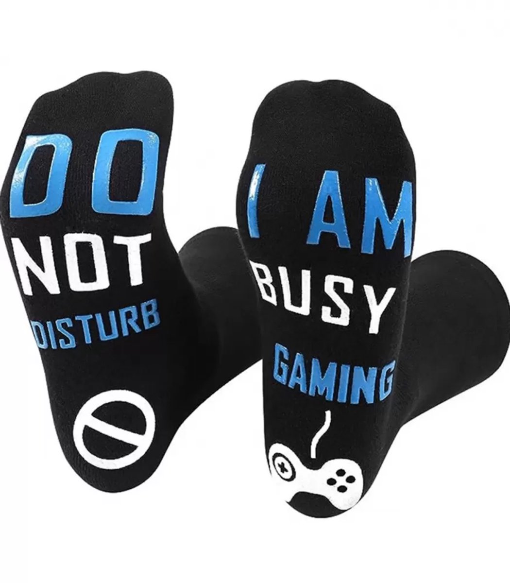 Gamesokken - Grappige sokken - 'Do not disturb, i am busy gaming' - Funny socks - Anti slip sokken - Cadeau - Maat 40/46 - Zwart/blauw - Jonyx