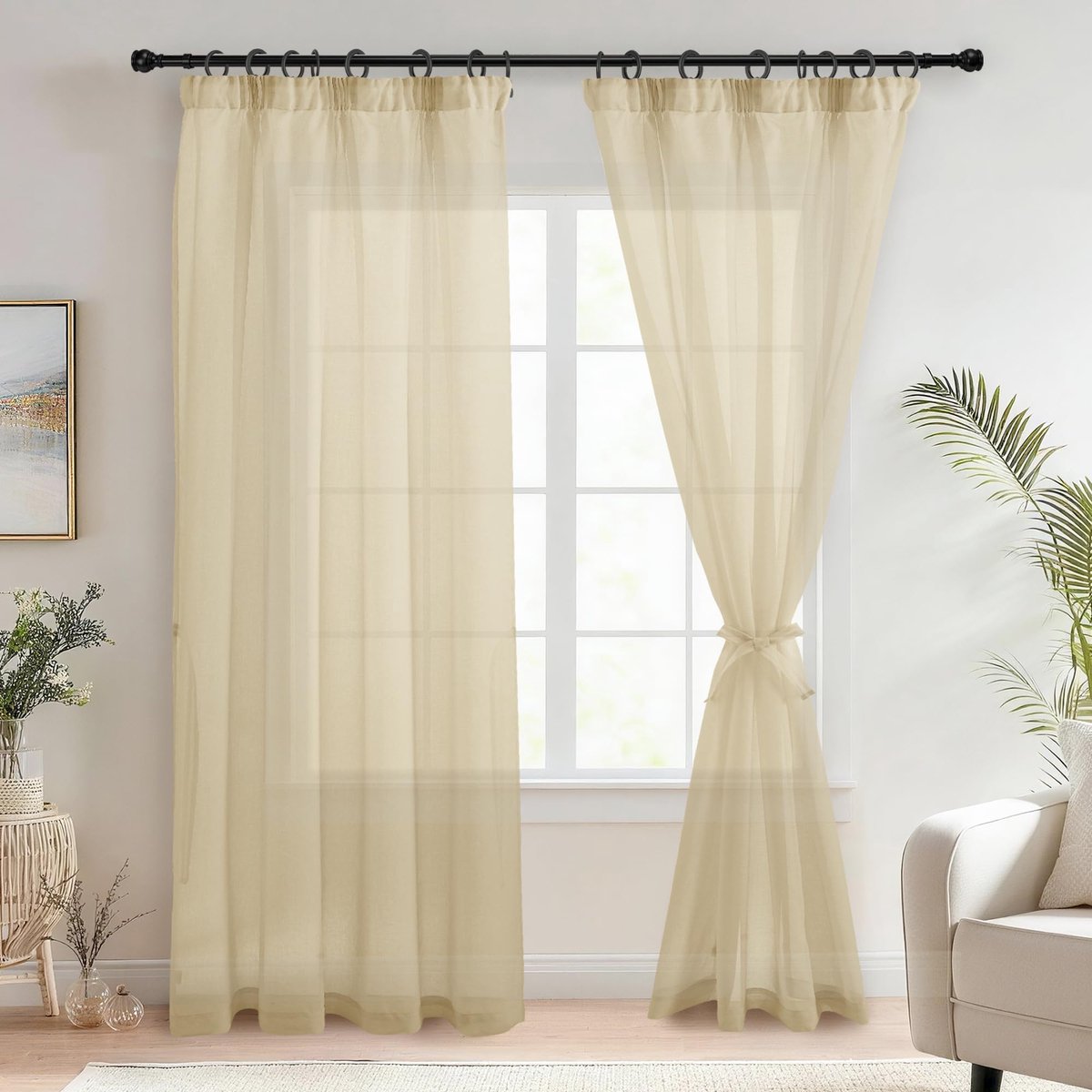 Gordijnen met plooiband, linnenlook, 2 stuks, halftransparant, gordijnen voor woonkamer, doorzichtige gordijnen, beige, 225 x 140 cm (hoogte x breedte)