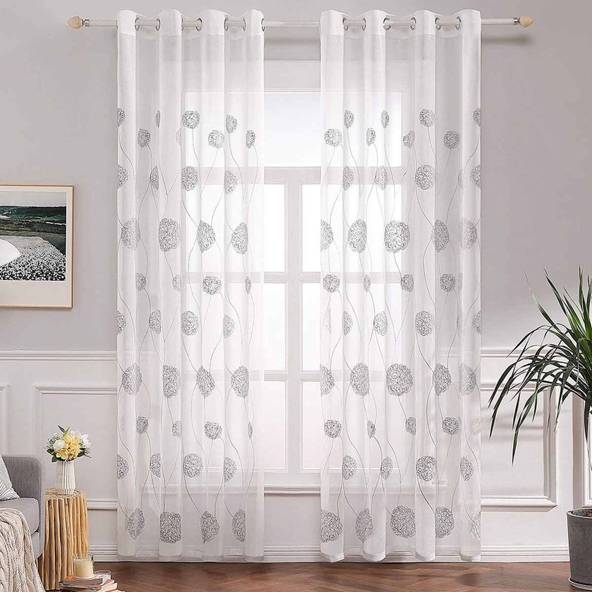 Moderne woonkamergordijnen met borduurwerk met hortensia, doorschijnend, 2 stuks met ogen, decoratieve gordijnen voor ramen en kamers (2 x B 140 x L 215 cm, grijze bloemen)