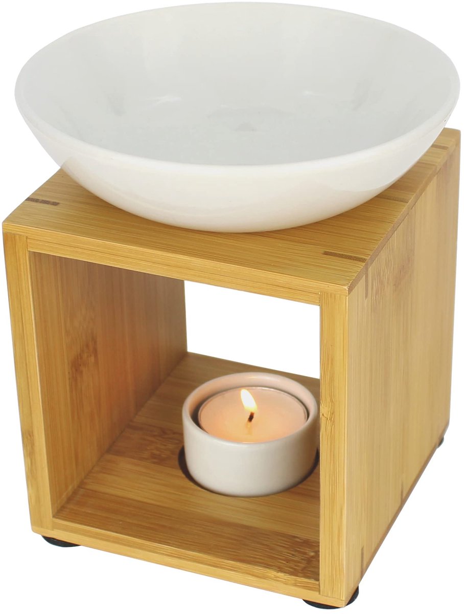Geurlamp Malmö wit met kaars, grote schaal, Fair Trade, aromalamp van bamboehout en keramiek