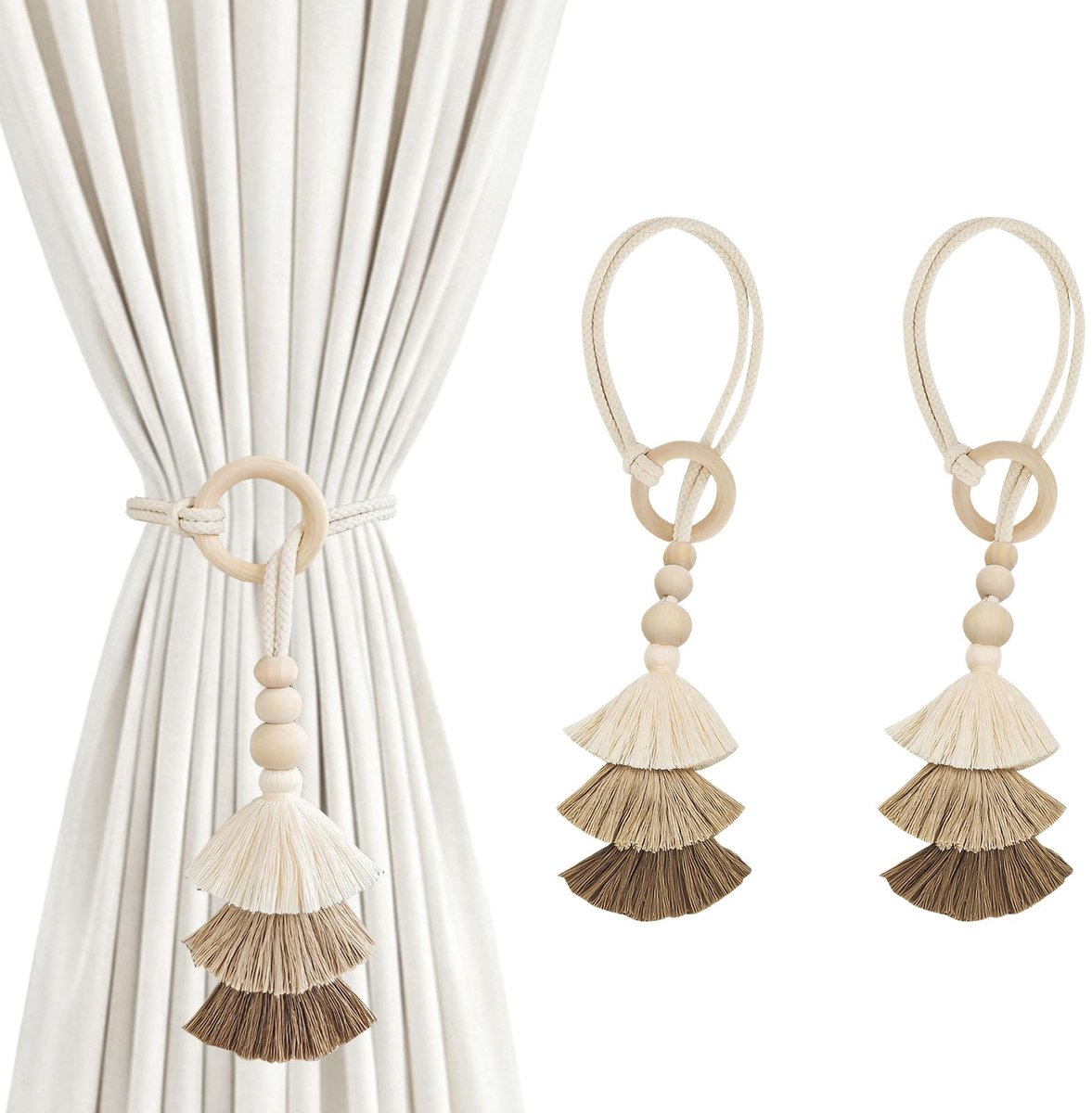 Gordijnen, 2 stuks gordijnhouders met pompons, driehoekige franjes, bohemian gordijn met houten ringen, handgemaakte gordijnsluitingen voor woondecoratie