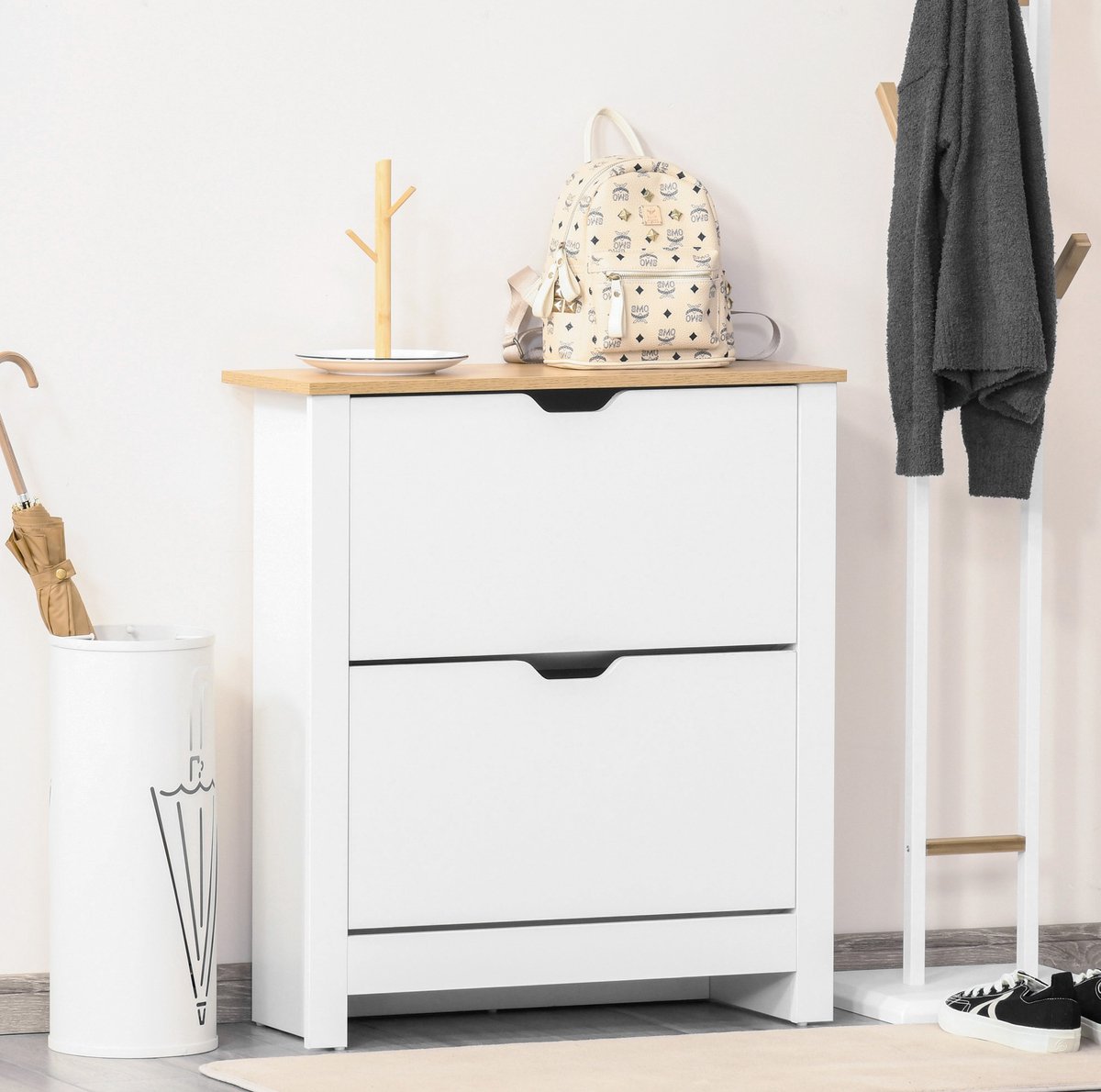MEUNIQ Schoenenkast 72 x 26 x 80 cm met 2 klappen voor 12 paar schoenen, ruimtebesparende opbergkast voor hal of entree met bovenblad, wit en naturel