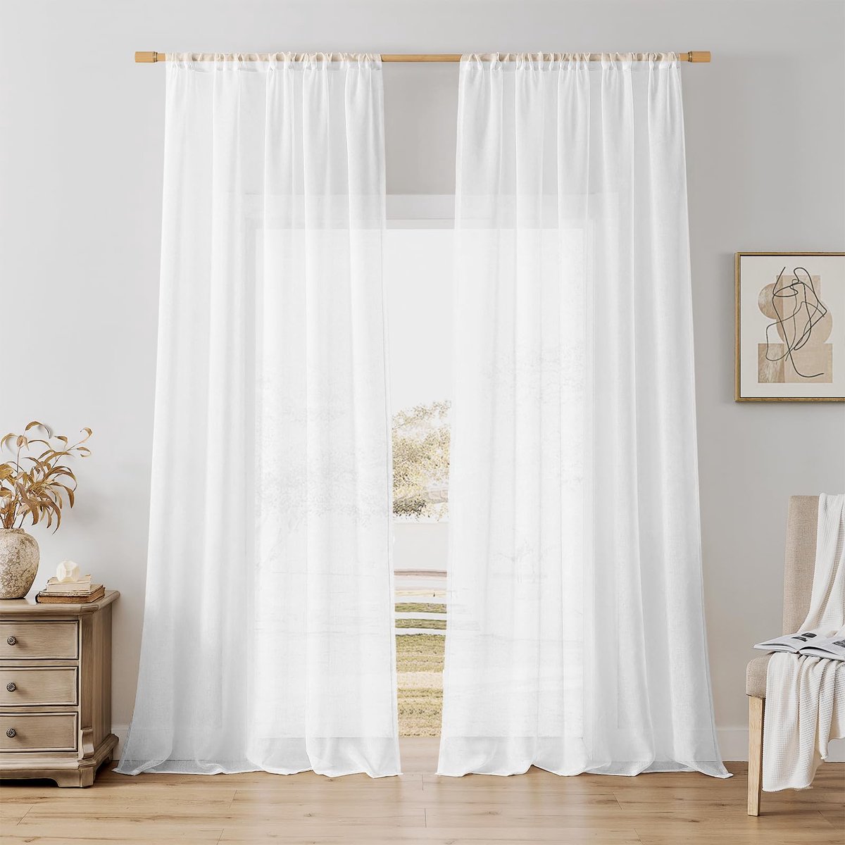 gordijn, wit, 260 cm extra lange gardine en gordijnen, moderne gordijnen voor de woonkamer, 140 cm breed, gordijn met lussen, 2-delige set, voile gordijnen, woonkamer, voor gordijnroede