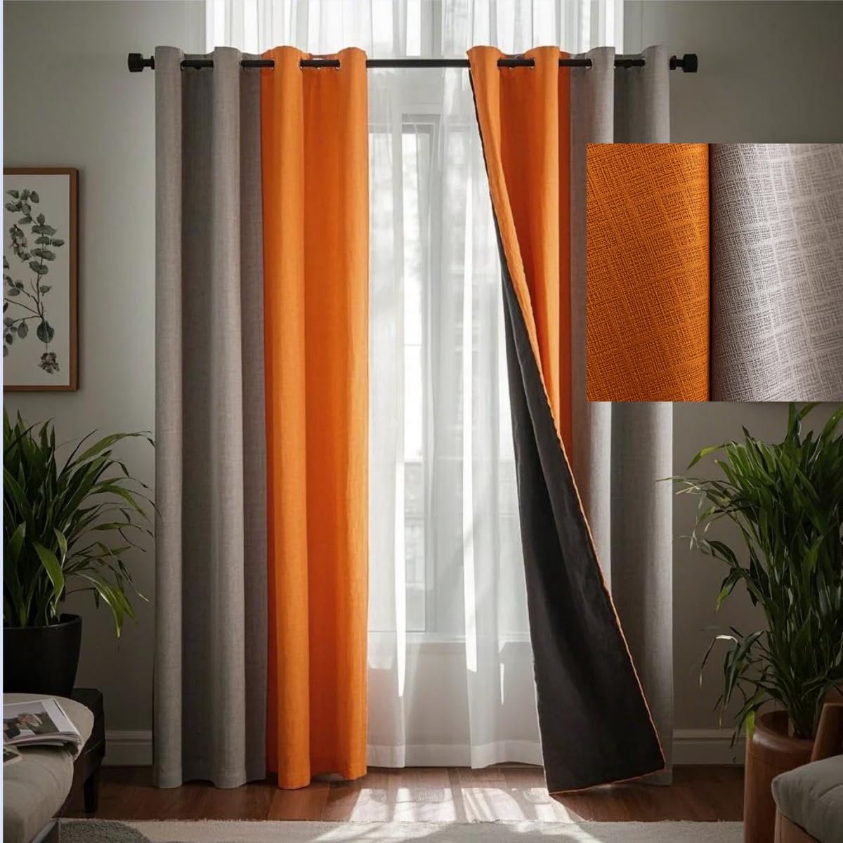 Verduisterende Gordijnen - Raambekleding Set - Slaapkamer Rust - 100% Lichtblokkering - 2 Panelen 132x160cm - Grijs Oranje