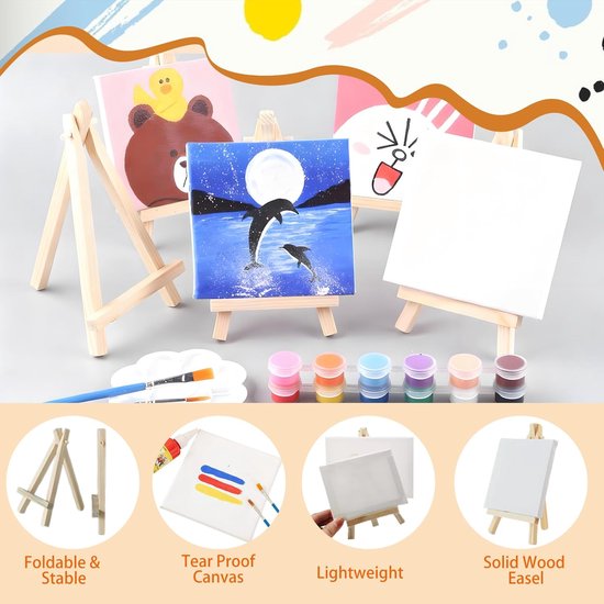 12 Stuks Mini Canvas met Schildersezel, voor Schilderen, Display, Fotoalbums en DIY Creaties, 10 x 10 CM Mini Canvas, 15 x 8 CM Houten Ezel, Opvouwbare Driehoekige Standaard — afbeelding 2