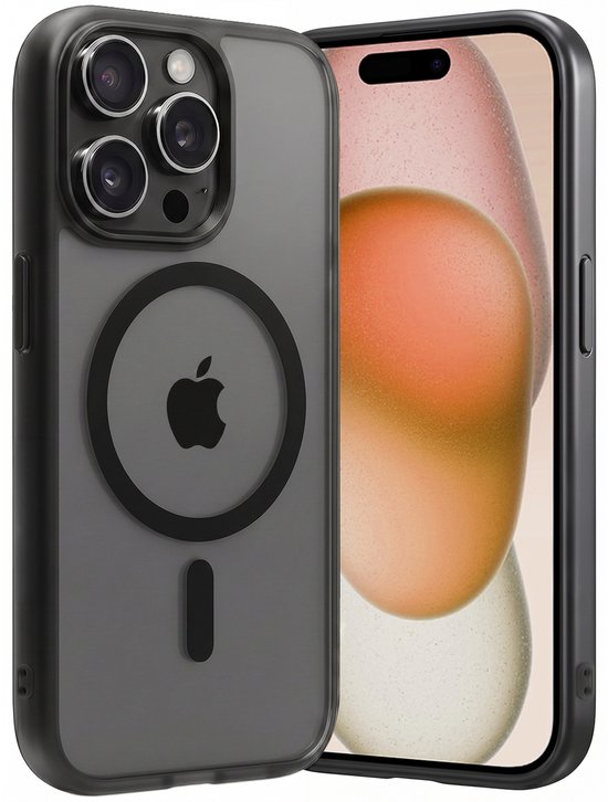Coque noire pour iPhone 15 Pro Max, montrant les caméras et le logo MagSafe.