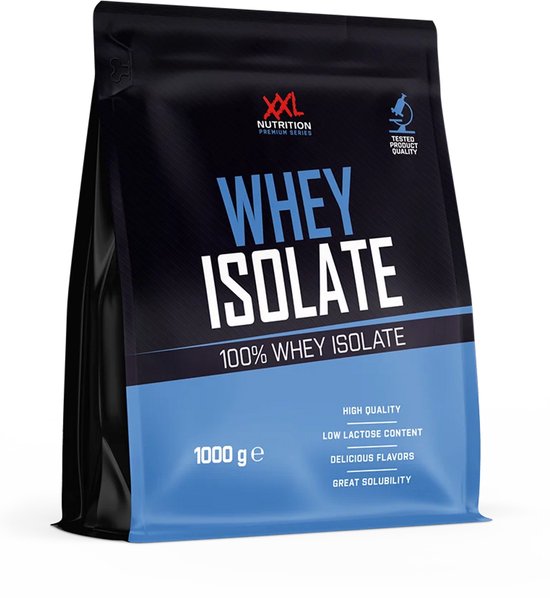 Zwarte zak met XXL Nutrition Whey Isolate logo en "100% Whey Isolate". Onderin blauwe band met "1000 g e".