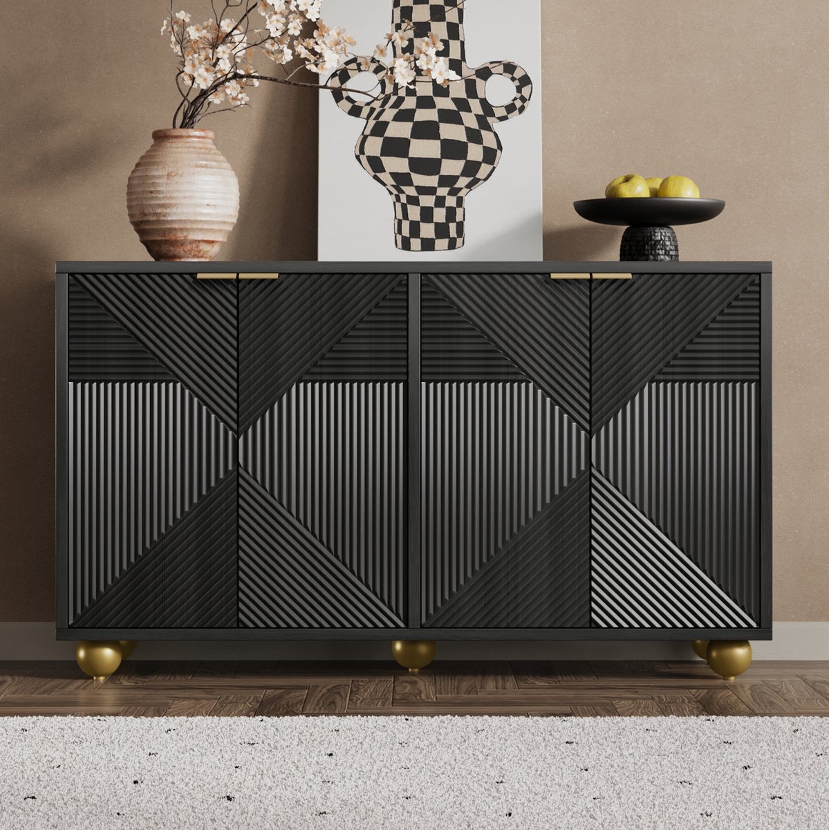 MIVRAY Dressoir - Vier Deuren Met Gegraveerd Reliëf En Verstelbare Planken - Voor Woonkamer Of Hal - MDF - 120x35x71,5 Cm - Zwart