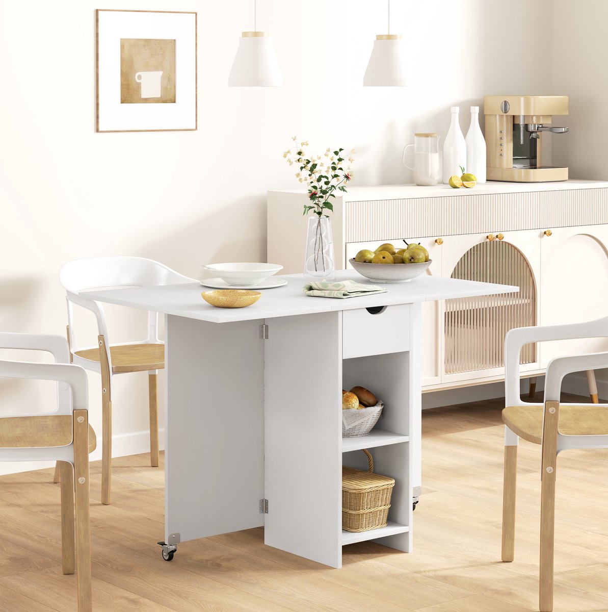 MEUNIQ Opklapbare eettafel 114,5 x 70 x 75 cm voor 2-4 personen met 1 lade en open opbergvakken, inklapbare keukentafel voor keuken of eetkamer, wit