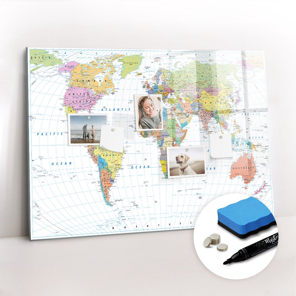 Tulup Whitebord - Politieke wereldkaart in kleur - 100 x 70 cm - Veelkleurig Magneetbord Design - Gratis 5 Sterke Magneten + Whiteboard Marker & Wisser - Minimalistisch Prikbord - Magneetbord Muur - Organiseer Je Bureau