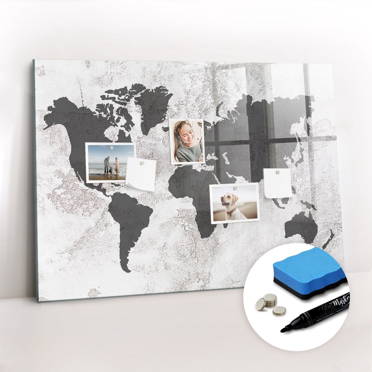 Tulup Whitebord - Concrete wereldkaart - 100 x 70 cm - Grijs Magneetbord Design - Gratis 5 Sterke Magneten + Whiteboard Marker & Wisser - Industrieel Wandbord - Memo Bord - Inspiratiebord Kantoor