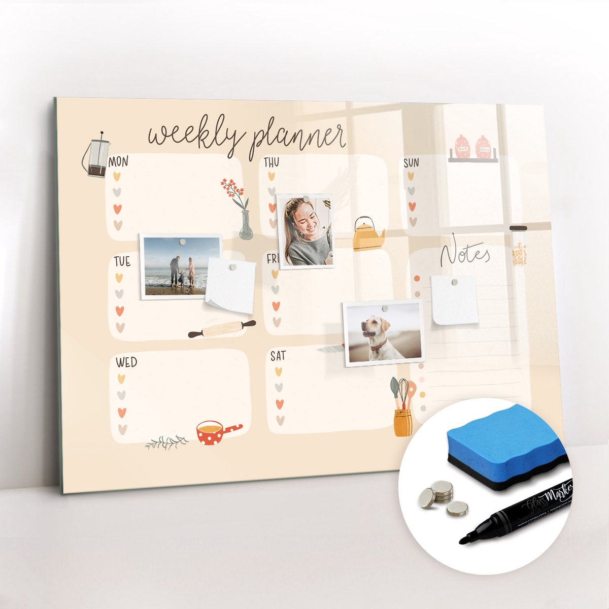 Tulup Whitebord - Klassieke weekplanner - 100 x 70 cm - Geel Magneetbord Rechthoekig - Gratis 5 Sterke Magneten + Whiteboard Marker & Wisser - Design Memobord - Magnetisch Memobord - Ideeënbord Thuiswerkplek