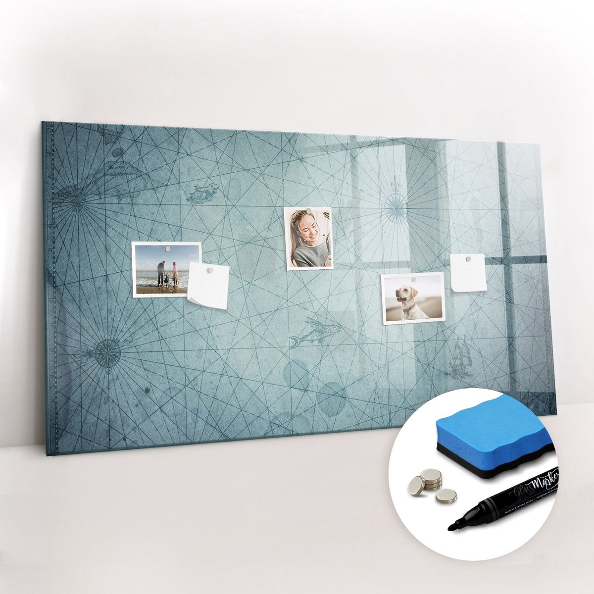 Tulup Whitebord - Vintage kaart - 120 x 60 cm - Blauw Memobord Magnetisch - Gratis 5 Sterke Magneten + Whiteboard Marker & Wisser - Decoratief Magnetisch Bord - Magnetic Board - Productiviteit Tools