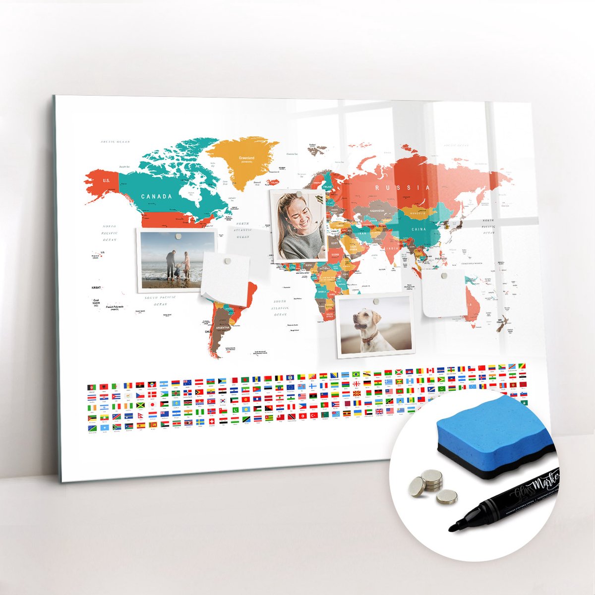 Tulup Whitebord - Kleurrijke wereldkaart - 100 x 70 cm - Veelkleurig Memo Bord - Gratis 5 Sterke Magneten + Whiteboard Marker & Wisser - Stylish Memo Board - Magneetbord Rechthoekig - Planning Muur