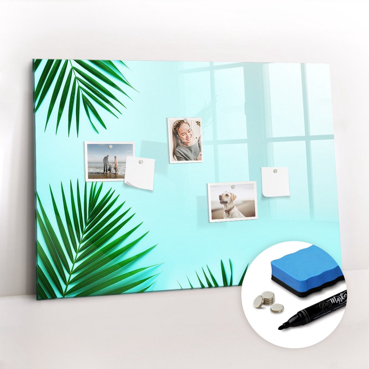Tulup Whitebord - Palmbladeren - 100 x 70 cm - Groente Memobord Glas - Gratis 5 Sterke Magneten + Whiteboard Marker & Wisser - Stylish Memo Board - Memobord Keuken - Notitiebord Werkplek