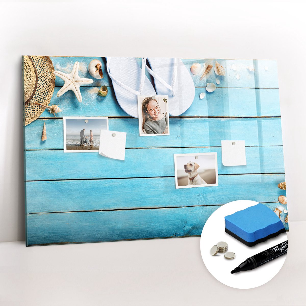 Tulup Whitebord - Zomerse strandaccessoires - 90 x 60 cm - Blauw Magnetisch Bord Kind - Gratis 5 Sterke Magneten + Whiteboard Marker & Wisser - Moderne Wanddecoratie - Magnetisch Memobord - Planning Muur