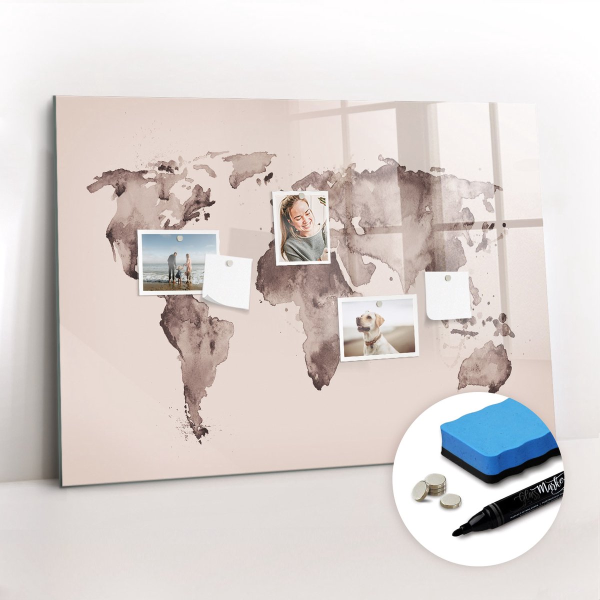 Tulup Whitebord - Inktkaart van de wereld - 100 x 70 cm - Grijs Magnetisch Wandbord - Inclusief Gratis Magneten & Marker & Spons - Industrieel Wandbord - Magneetbord Muur - Inspiratiebord Kantoor