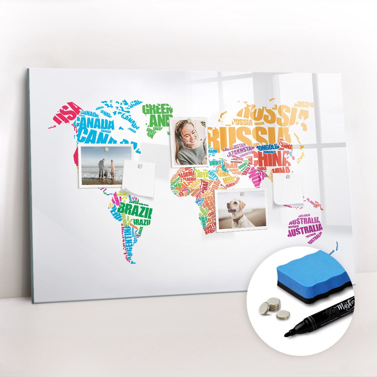 Tulup Whitebord - Kleurrijke landnamen - 90 x 60 cm - Veelkleurig Magneetbord Keuken - Gratis 5 Sterke Magneten + Whiteboard Marker & Wisser - Decoratief Magnetisch Bord - Memobord Keuken - Inspiratiebord Kantoor