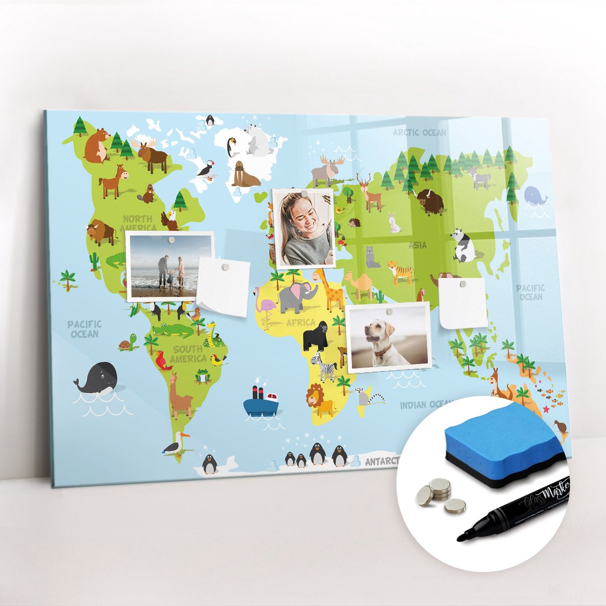 Tulup Whitebord - Wereldkaart voor kinderen - 90 x 60 cm - Veelkleurig Magneetbord Design - Gratis 5 Sterke Magneten + Whiteboard Marker & Wisser - Industrieel Wandbord - Memobord Magnetisch - Ideeënbord Thuiswerkplek