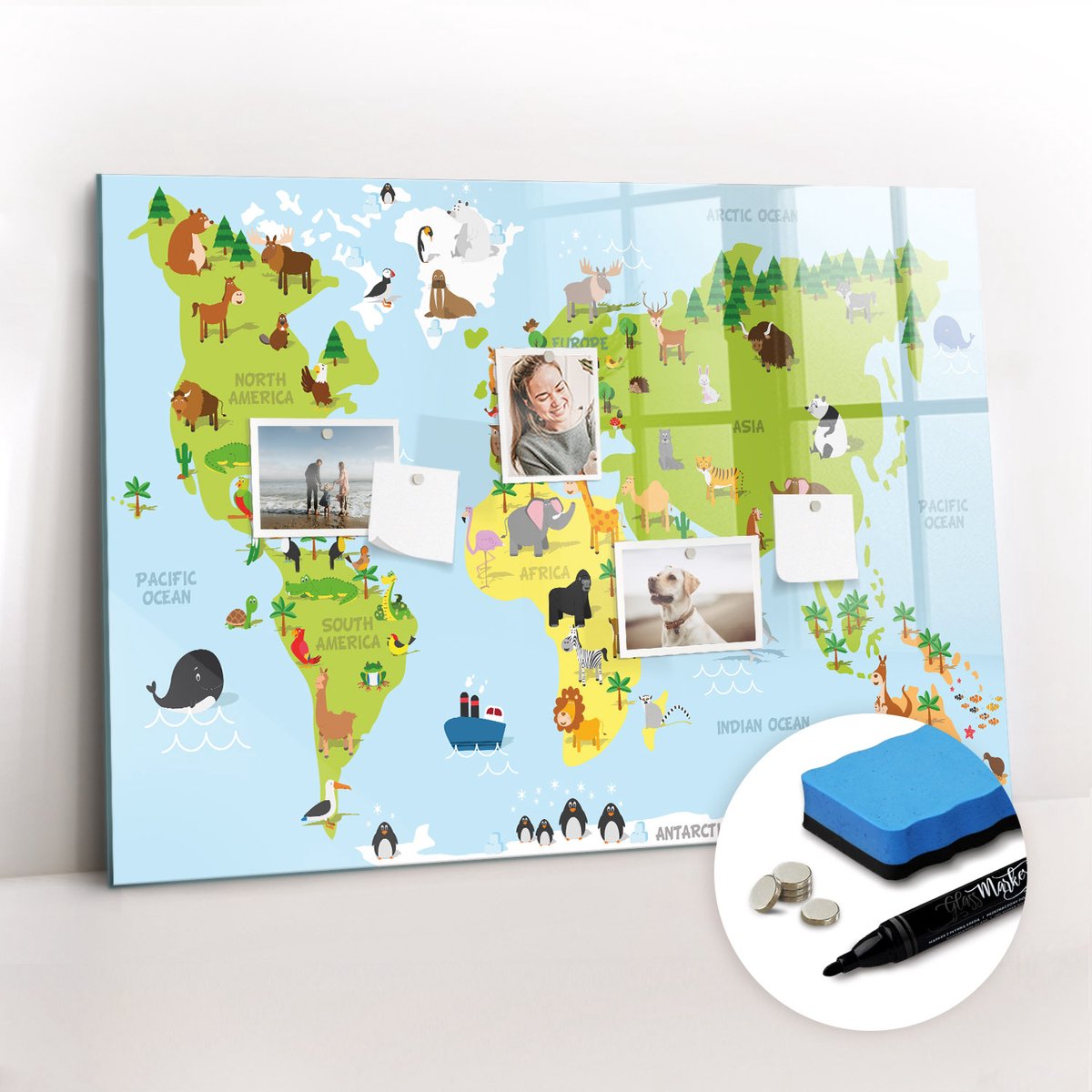 Tulup Whitebord - Wereldkaart voor kinderen - 100 x 70 cm - Veelkleurig Magnetisch Memobord - Inclusief Gratis Magneten & Marker & Spons - Decoratief Magnetisch Bord - Magnetisch Bord Kind - Ideeënbord Thuiswerkplek