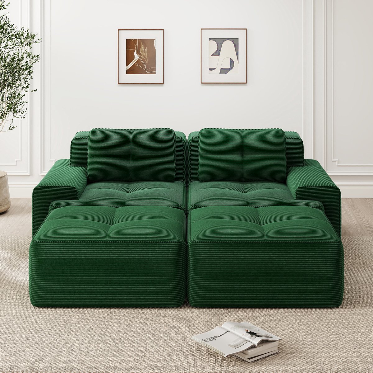 FloraGrace U-Bank 204 x 177 x 69 cm - Modulaire Bank Met Ottoman En Diepe Zitting - Montagevrij Voor Woonkamer - Corduroy - Groen