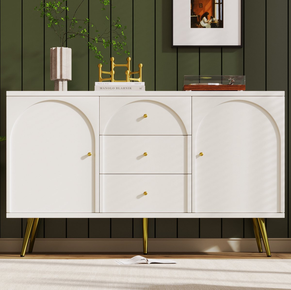 HAUSS SPOLE Dressoir - 2 Deuren 3 Lades En Verstelbare Plank - Opbergkast Voor Woonkamer En Slaapkamer - Cremewit - 140x40x84 Cm