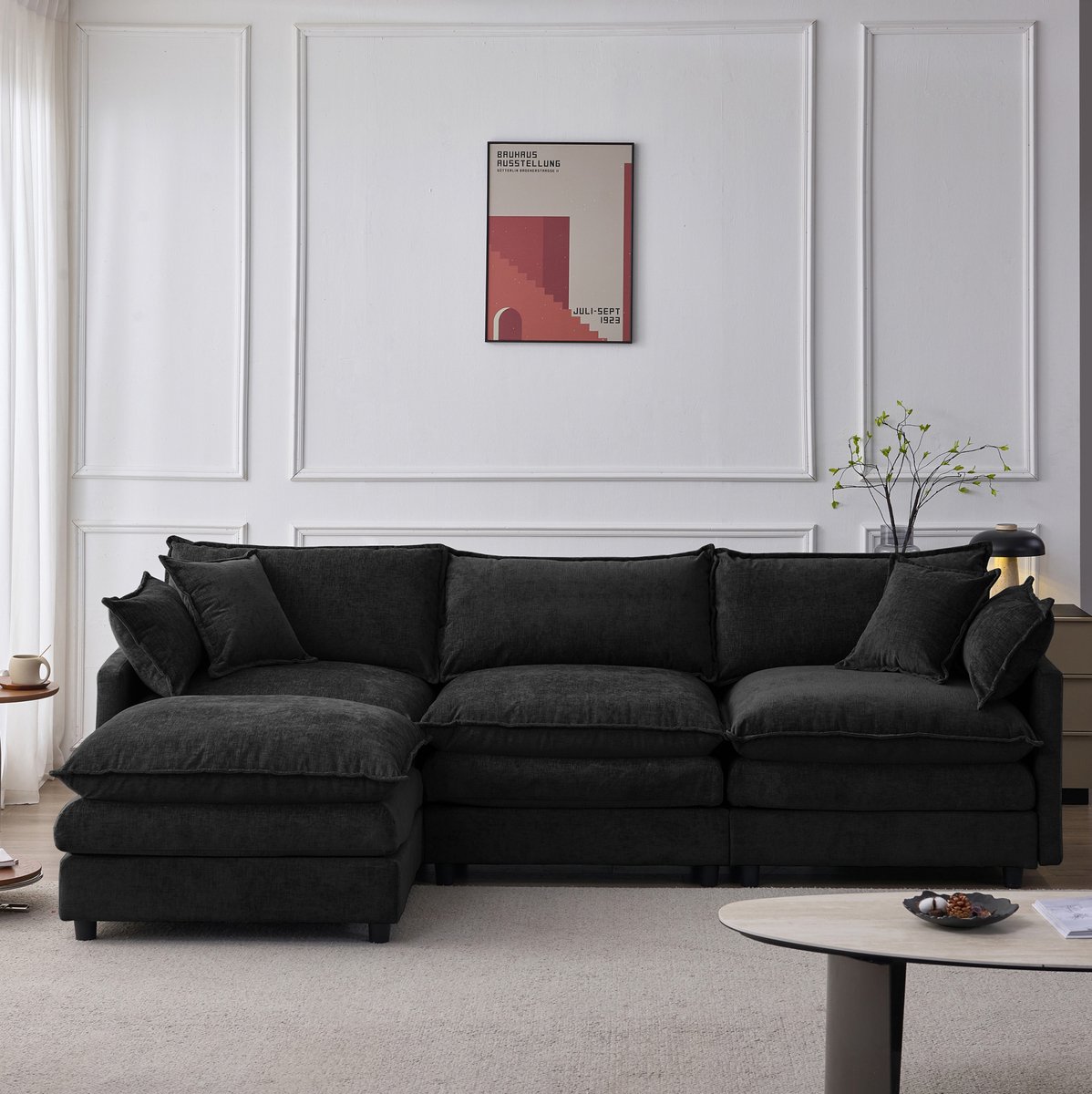FloraGrace Hoekbank – 3-Zits L-Vormige Bank Met Verplaatsbare Hocker – Modulair Comfort Voor Woonkamer Of Lounge – Chenille – Zwart