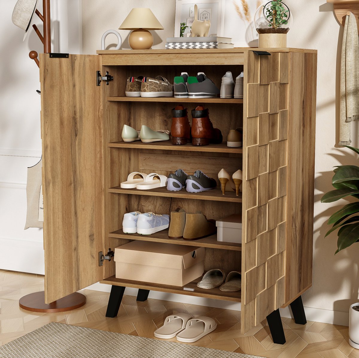 HAUSS SPOLE Schoenenkast - Modern Met 5 Vakken En Verstelbare Legplanken - Voor Hal En Slaapkamer - Spaanplaat - 80,5x35x109,5 Cm - Houtkleur