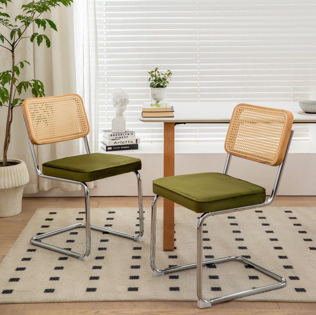 DESMIU Eetkamerstoel - 53,1 x 44,5 x 84,1 cm - Set Van 2 Stapelbare Eetkamerstoelen Met Rotan Rugleuning En Velvet Zitting - Voor Eetkamer En Keuken - Metaal Groen Green