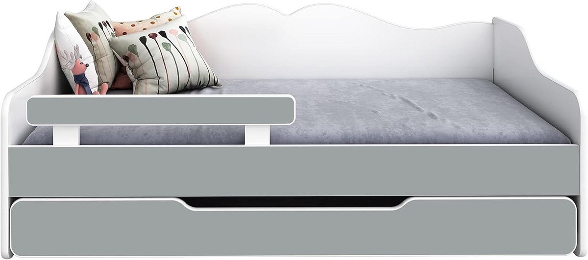 Kinderbed Met Lade - Eenpersoonsbed Logeerbed - Ruimte Besparen - Inclusief Matras Valbeveiliging - 160x70cm - Grijs